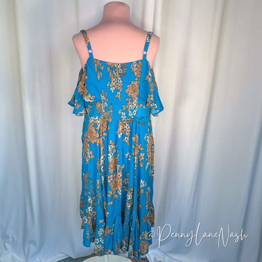 Torrid Plus Mini Gauze Cold Shoulder Skater Dress Blue Floral - Picture 8 of 11